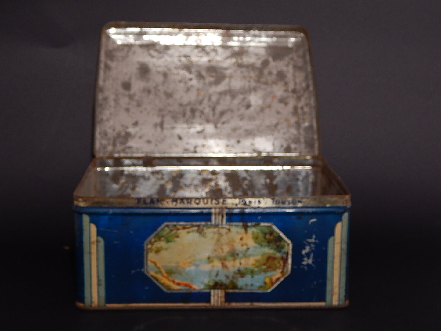 ANTICA RARA SCATOLA LATTA PUBBLICITARIA FLAN MARQUISE TOULON PARIS ANNI 30