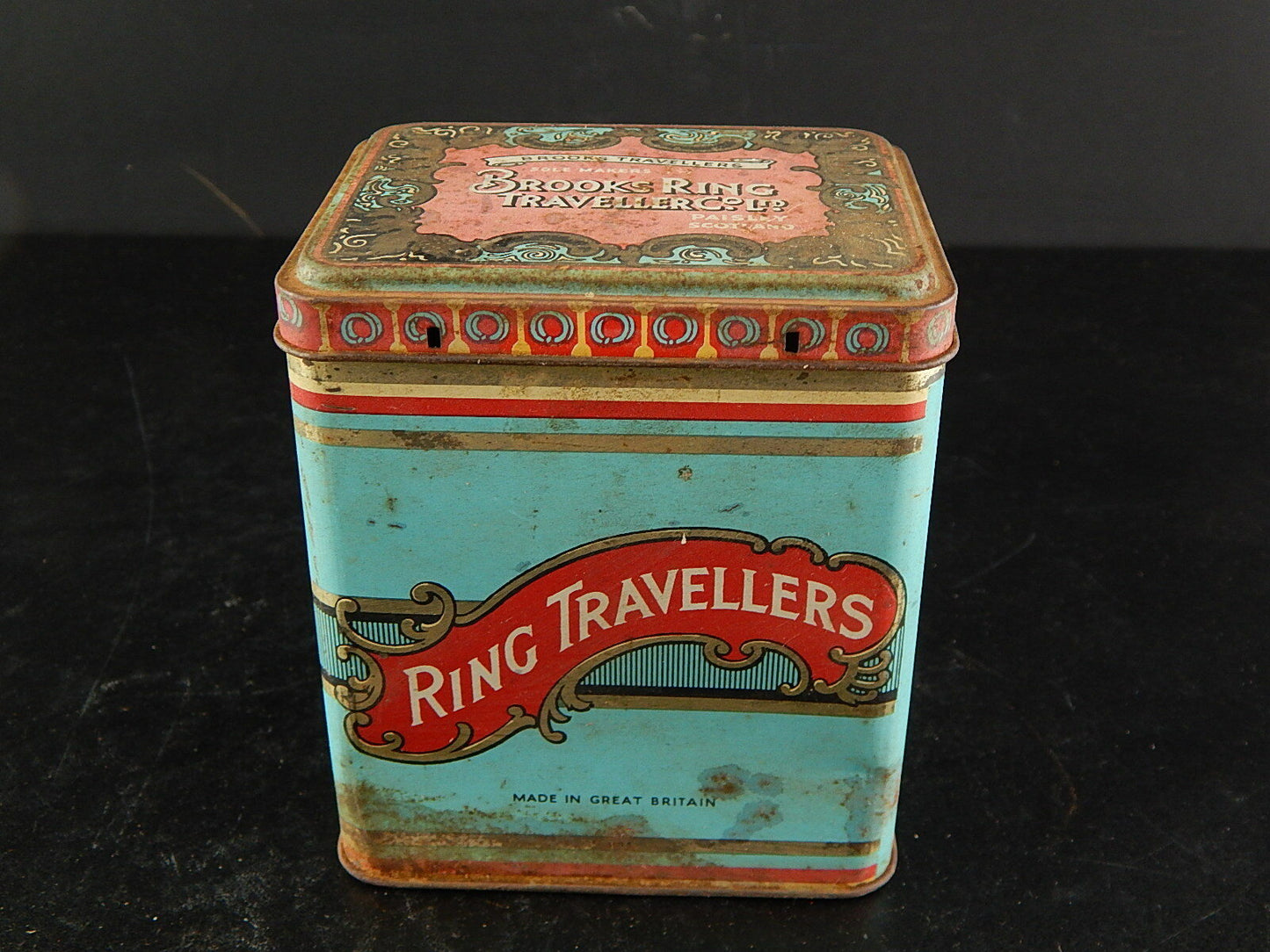 ANTICA SCATOLA LATTA PRIMO 900 RING TRAVELLERS BROOKS PAISLEY & MANCHESTER