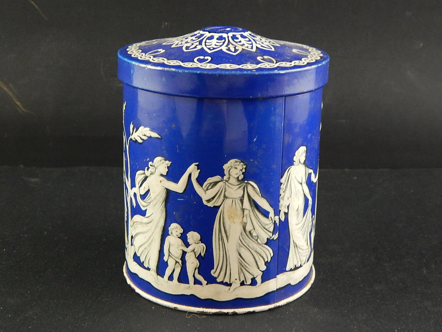 COLLEZIONE VINTAGE ORIGINALE SCATOLA DI LATTA BLU COBALTO FIGURE MITOLOGIA