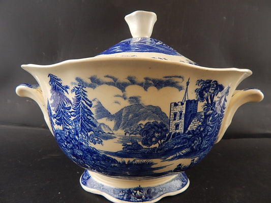 ANTICA ZUPPIERA CENTROTAVOLA PORCELLANA ARABIA FINLANDIA ANNI '30 BIANCA E BLU