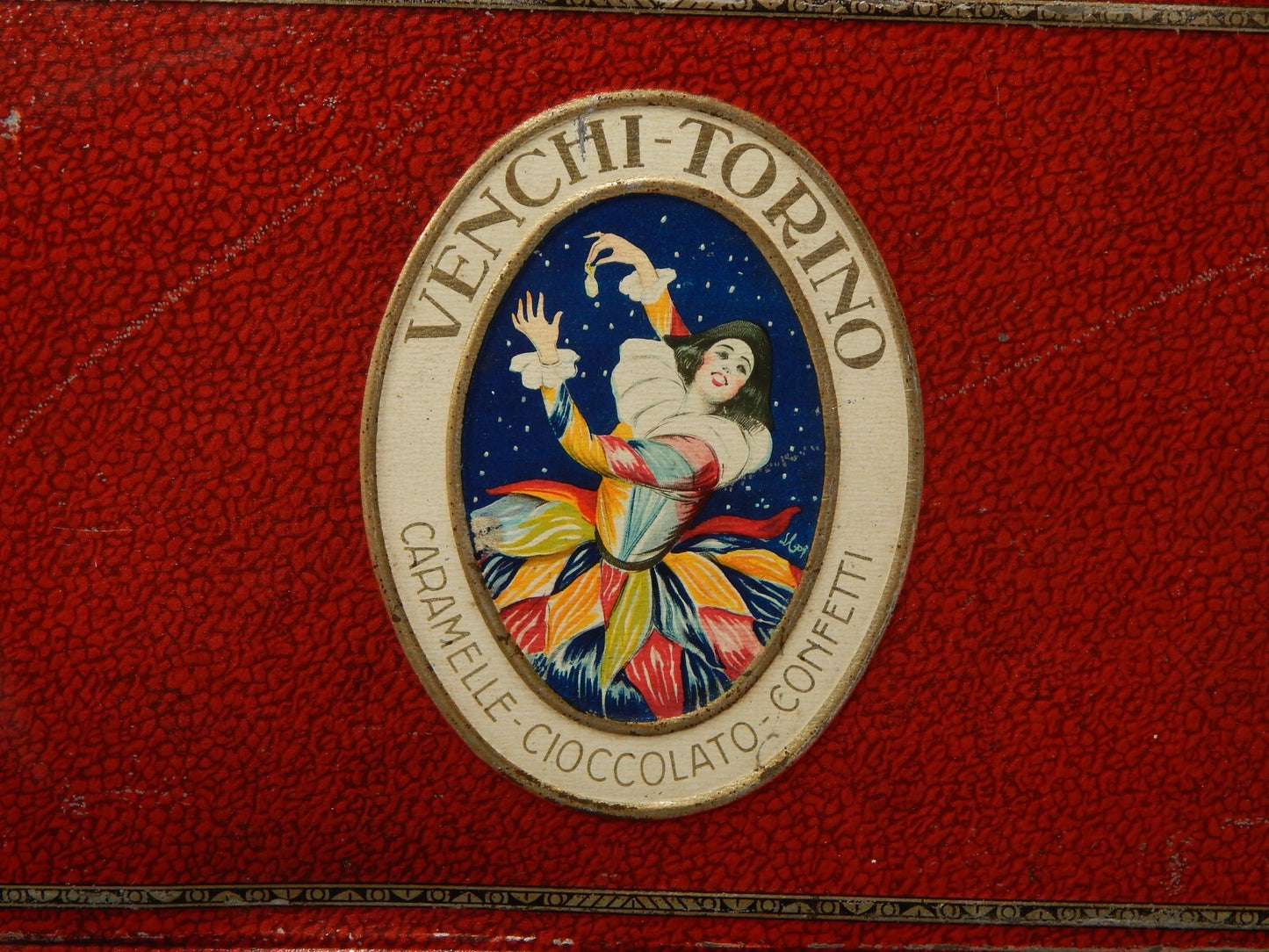 ANTICA RARA SCATOLA LATTA CARAMELLE VENCHI TORINO PUBBLICITARIO ARLECCHINO