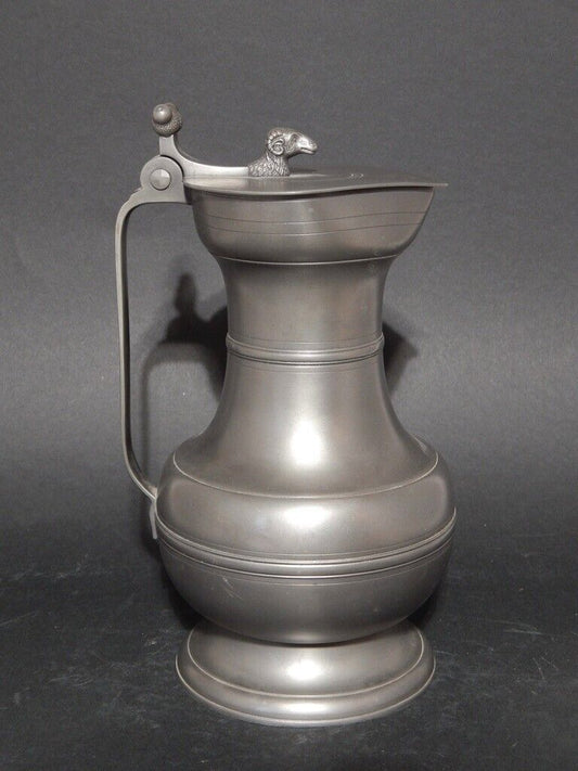 ANTICA COLLEZIONE BROCCA CARAFFA IN PELTRO 95% CON COPERCHIO CON TESTA ARIETE