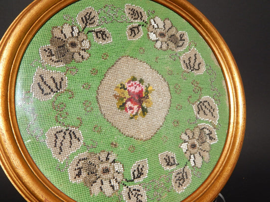 VINTAGE MEZZO PUNTO RICAMO A MANO CON CORNICE ORO METÀ 1900