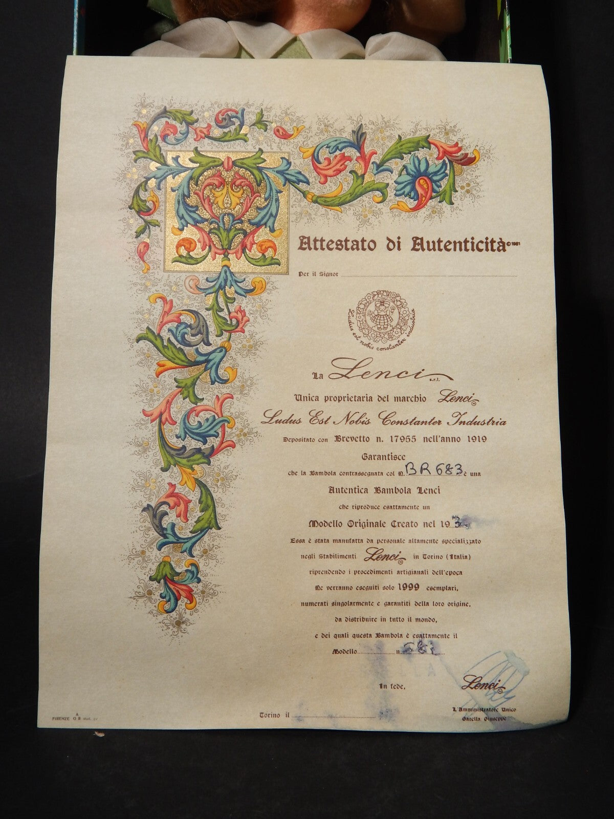 BAMBOLA LENCI TORINO MODELLO BR683 MADE IN ITALY CON SCATOLA E CERTIFICATO 1980