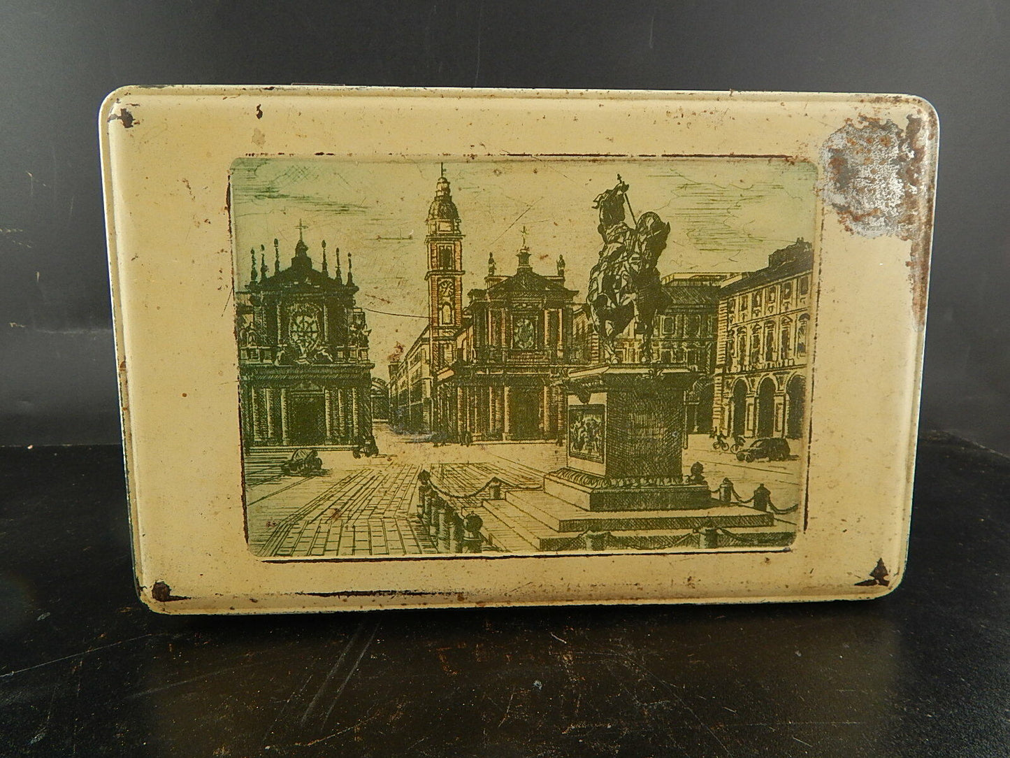 PUBBLICITARIO RETRO SCATOLA LATTA BISCOTTI PAVESI NOVARA PIAZZA SAN CARLO TORINO