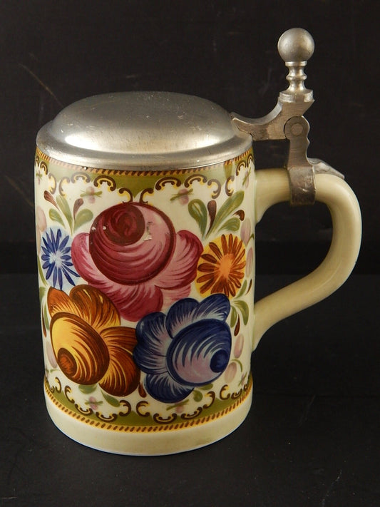 ANTICO COLLEZIONE RARO BOCCALE BIRRA CERAMICA TIRSCHENREUTH BAVARIA DECORO MANO