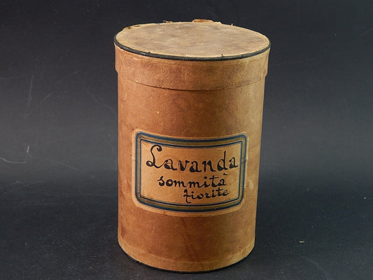 ANTICA SCATOLA CILINDRICA CARTONATA FARMACIA SPEZIALE ETICHETTA LAVANDA