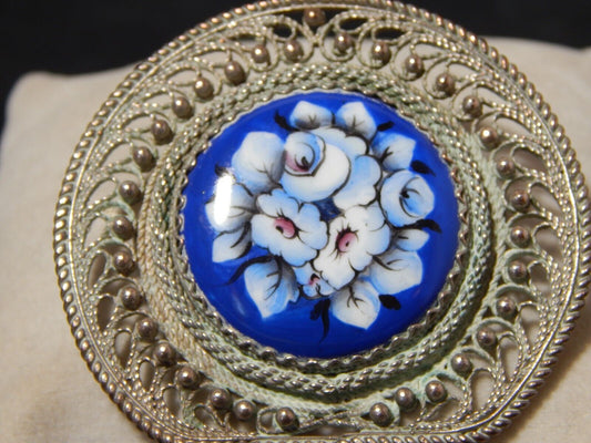 SPLENDIDA SPILLA VINTAGE CON DECORO FLOREALE BLU E ARGENTO PRIMO 900