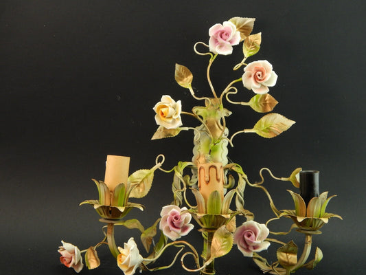 APPLIQUE TRE FUOCHI ANTICA LIBERTY FERRO BATTUTO E ROSE CERAMICA POLICROME #1733