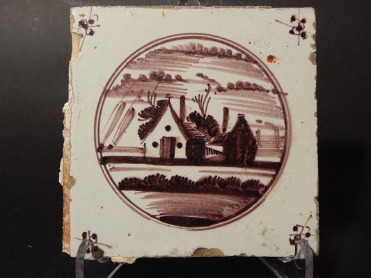 ANTICA PIASTRELLA MATTONELLA CERAMICA DELFT DEL 1700 DECORO AL MANGANESE (484)