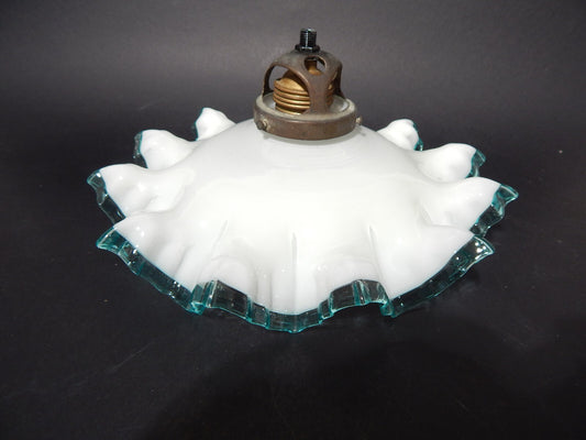 ANTICO ORIGINALE EPOCA LIBERTY LAMPADARIO IN VETRO OPALINO BORDO VETRO SOFFIATO