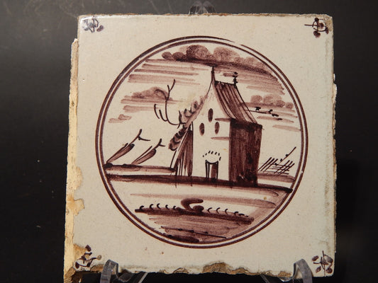 ANTICA PIASTRELLA MATTONELLA CERAMICA DELFT DEL 1700 DECORO AL MANGANESE (477)