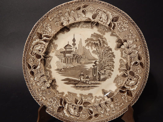 ANTICO PIATTO CERAMICA POTTERY J. MARSHALL & CO BOSPHORUS STAMPA A MANO MARRONE