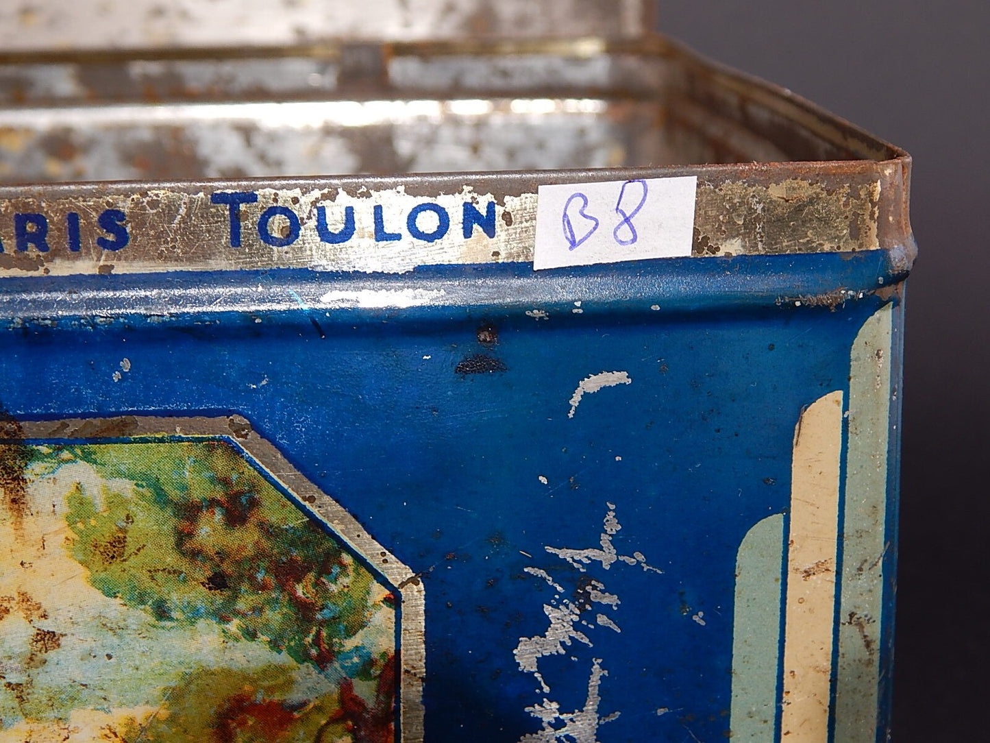ANTICA RARA SCATOLA LATTA PUBBLICITARIA FLAN MARQUISE TOULON PARIS ANNI 30