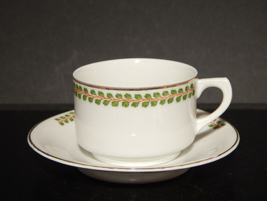 ANTICA TAZZINA CAFFÈ PORCELLANA BIANCA GHIRLANDE PICCOLE FOGLIE VERDI
