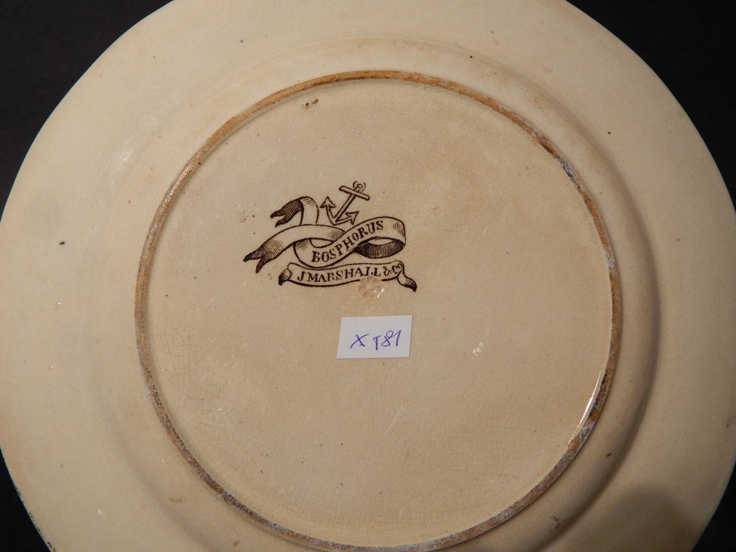 ANTICO PIATTO CERAMICA POTTERY J. MARSHALL & CO BOSPHORUS STAMPA A MANO MARRONE