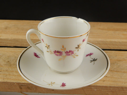 ANTICA TAZZA E PIATTINO PORCELLANA GINORI ART NOUVEAU DIPINTA A MANO DIFETTO