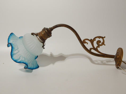 ANTICA LIBERTY APPLIQUE LAMPADA PARETE OTTONE TULIP VETRO SATINATO BLU SFUMATO