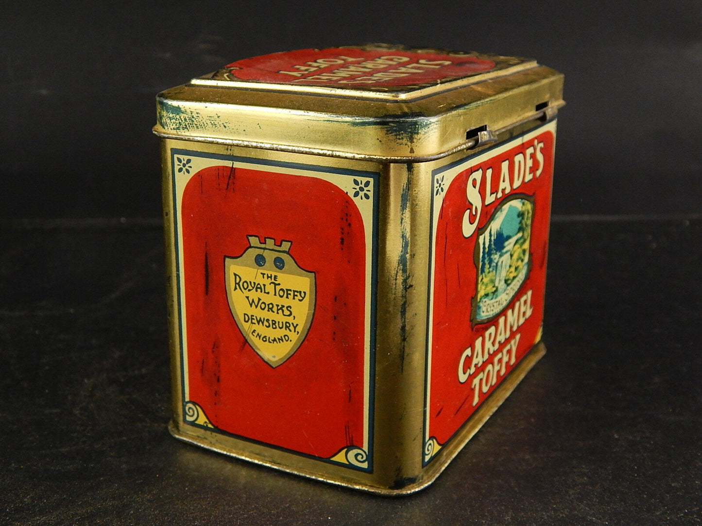 PUBBLICITARIO RARA VINTAGE SCATOLA LATTA MADE ENGLAND SLADE'S CARAMEL TOFFY