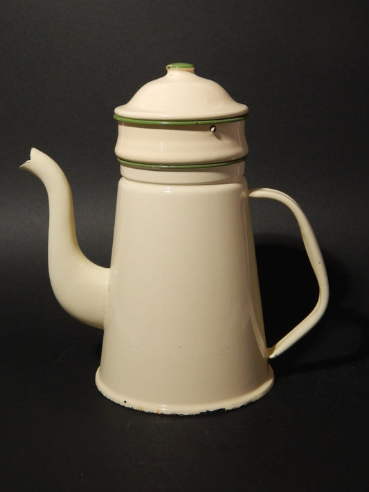 VINTAGE GRANDE CAFFETTIERA LATTA SMALTATA PORCELLANATA COLOR CREMA E VERDE