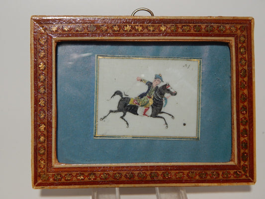 VINTAGE MINIATURA DI ISFAFAN SU OSSO CON CORNICE LEGNO GIOCATORE DI POLO