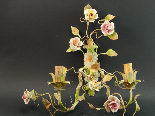 APPLIQUE DUE FUOCHI ANTICA LIBERTY FERRO BATTUTO E ROSE CERAMICA POLICROME