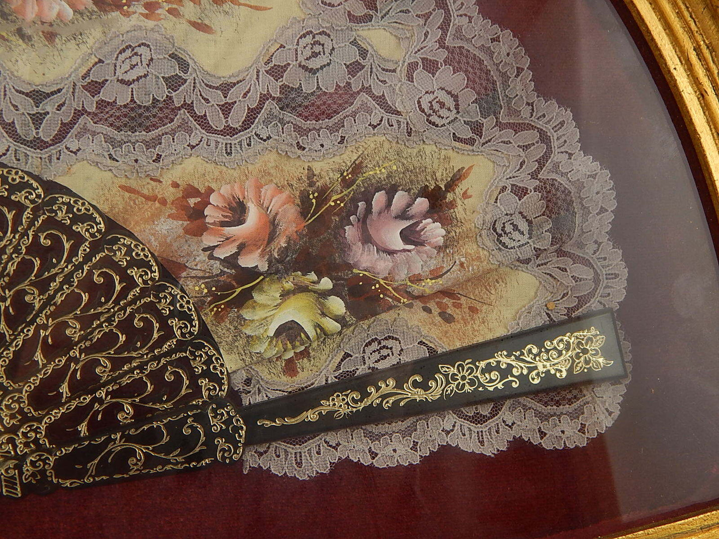PREZIOSO ELEGANTE VENTAGLIO PIZZO E FIORI DIPINTI CON VENTAGLIERA COLLEZIONE