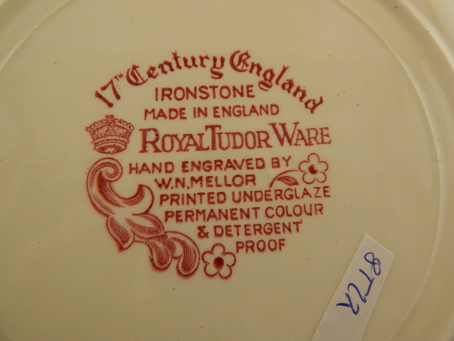 CERAMICA VINTAGE PIATTO ROYAL TUDOR STAMPATO A MANO DA MELLOR BIANCO-ROSSO