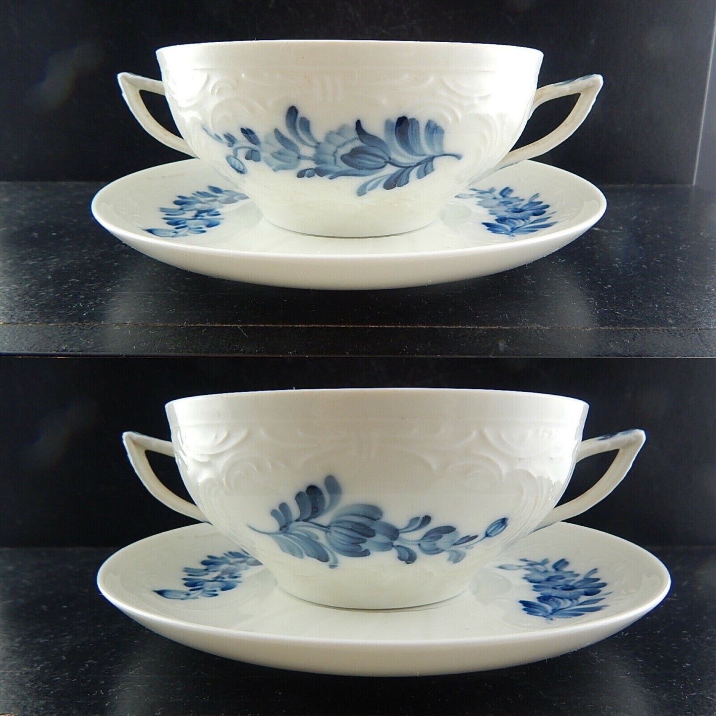 ROYAL COPENHAGEN PORCELLANA JULIANE MARIE FIORI BLU COPPIA TAZZE BRODO DIPINTE