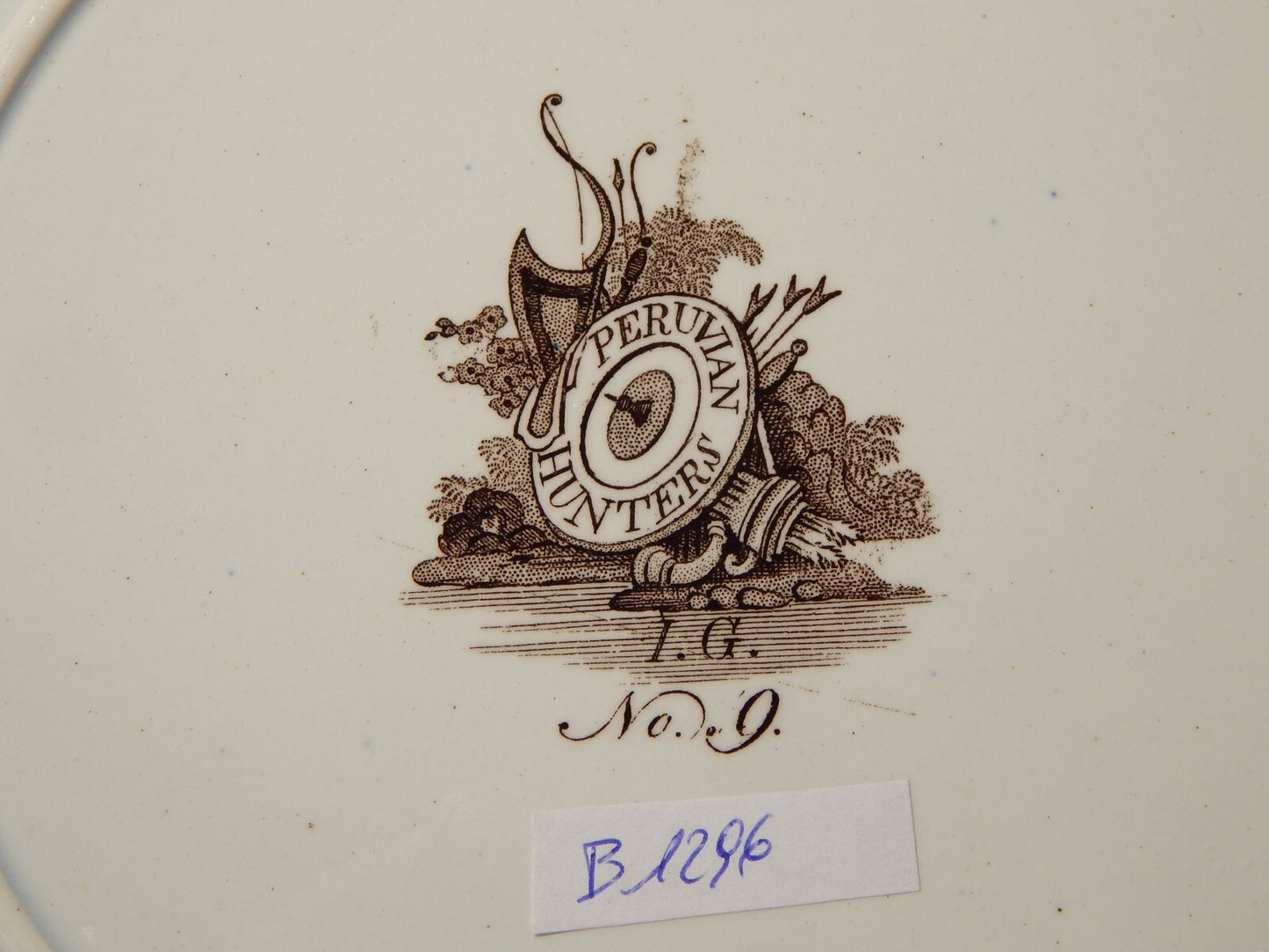 ANTICO RARO PIATTO CERAMICA INGLESE DEL 1839 PERUVIAN HUNTERS DI Goodwin & Ellis