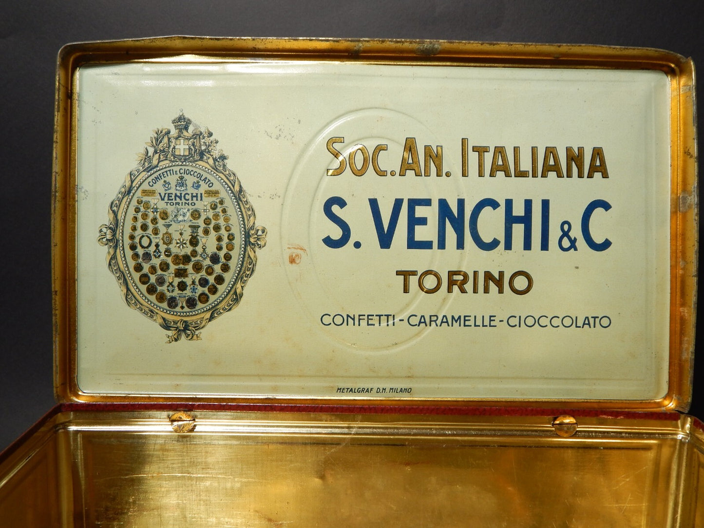 ANTICA RARA SCATOLA LATTA CARAMELLE VENCHI TORINO PUBBLICITARIO ARLECCHINO