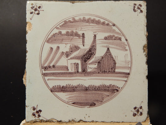 ANTICA PIASTRELLA MATTONELLA CERAMICA DELFT DEL 1700 DECORO AL MANGANESE (480)