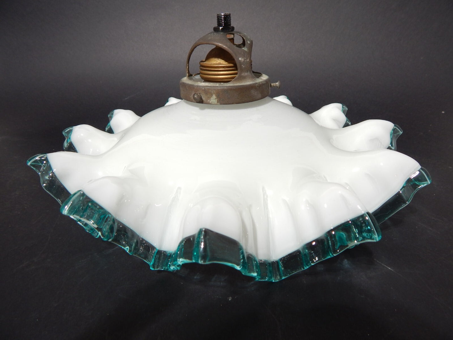 ANTICO ORIGINALE EPOCA LIBERTY LAMPADARIO IN VETRO OPALINO BORDO VETRO SOFFIATO
