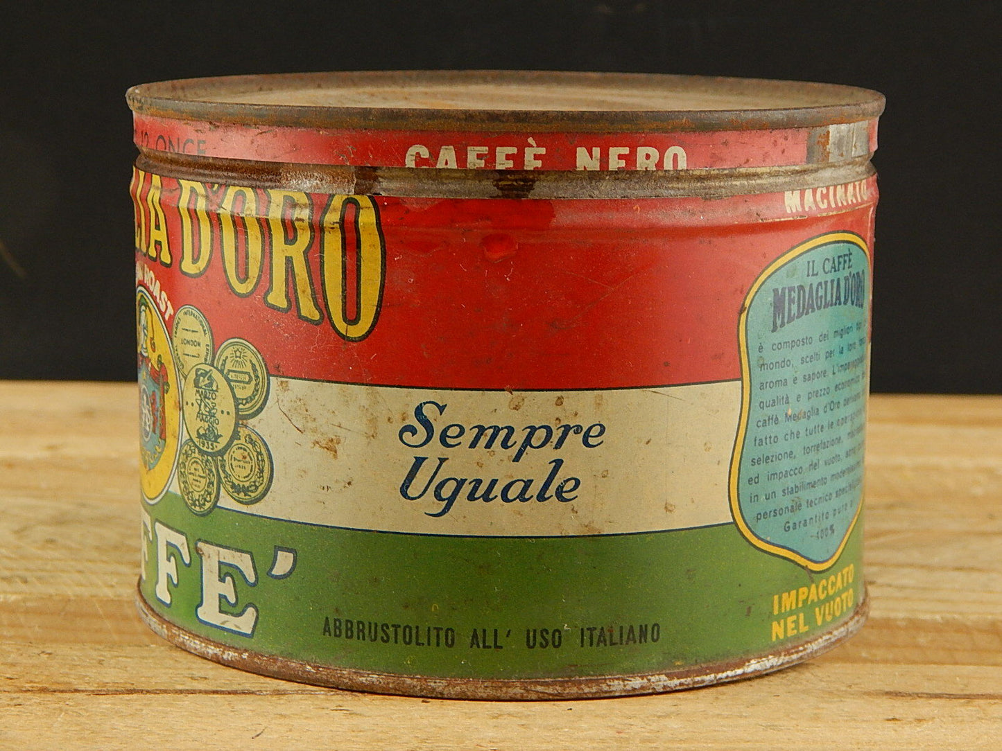 ANTICA RARA SCATOLA LATTA CON TRICOLORE CAFFE' NERO MEDAGLIA D'ORO COLLEZIONE