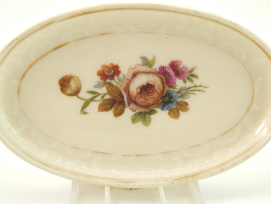 ANTICO PIATTINO OVALE KPM COPENHAGEN PORCELLANA BOUQUET DI FIORI E ORO DEL 1924