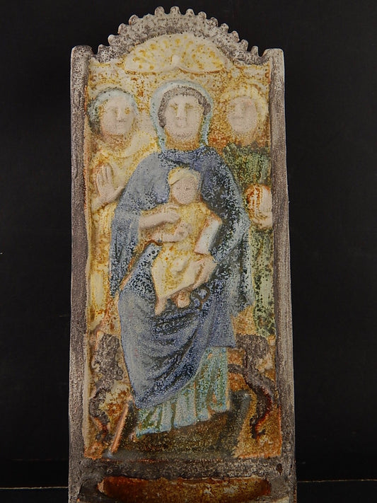 ARTE SACRA VINTAGE PREZIOSA ACQUASANTIERA CERAMICA MAIOLICA STUDIO POGGI FAENZA