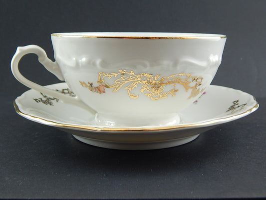 ROCAILLE ANTICA TAZZA CON PIATTO COLAZIONE PORCELLANA BIANCA DECORO ORO BOEMA
