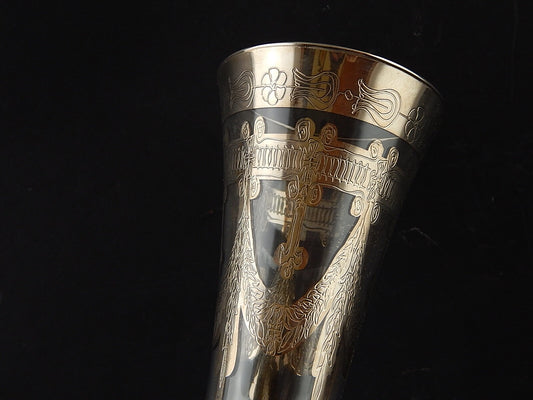 PREZIOSO VETRO D'ARTE MURANO VASO A FLUTE CON DECORO IN ARGENTO