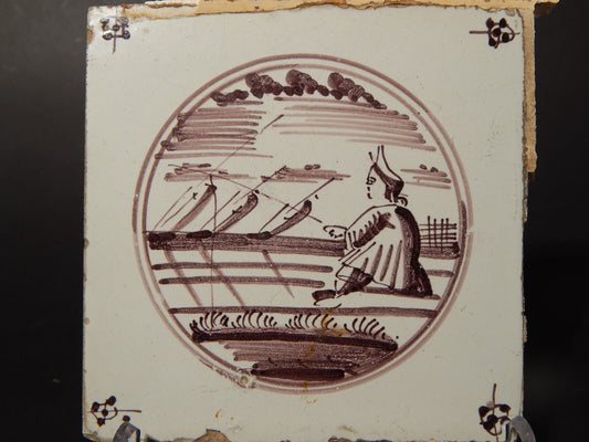 ANTICA PIASTRELLA MATTONELLA CERAMICA DELFT DEL 1700 DECORO AL MANGANESE (473)