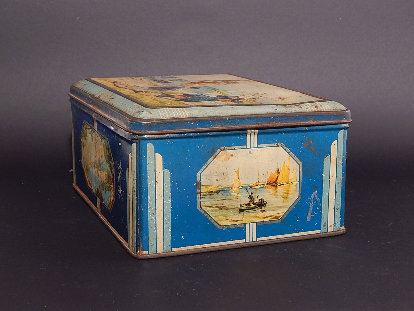 ANTICA RARA SCATOLA LATTA PUBBLICITARIA FLAN MARQUISE TOULON PARIS ANNI 30