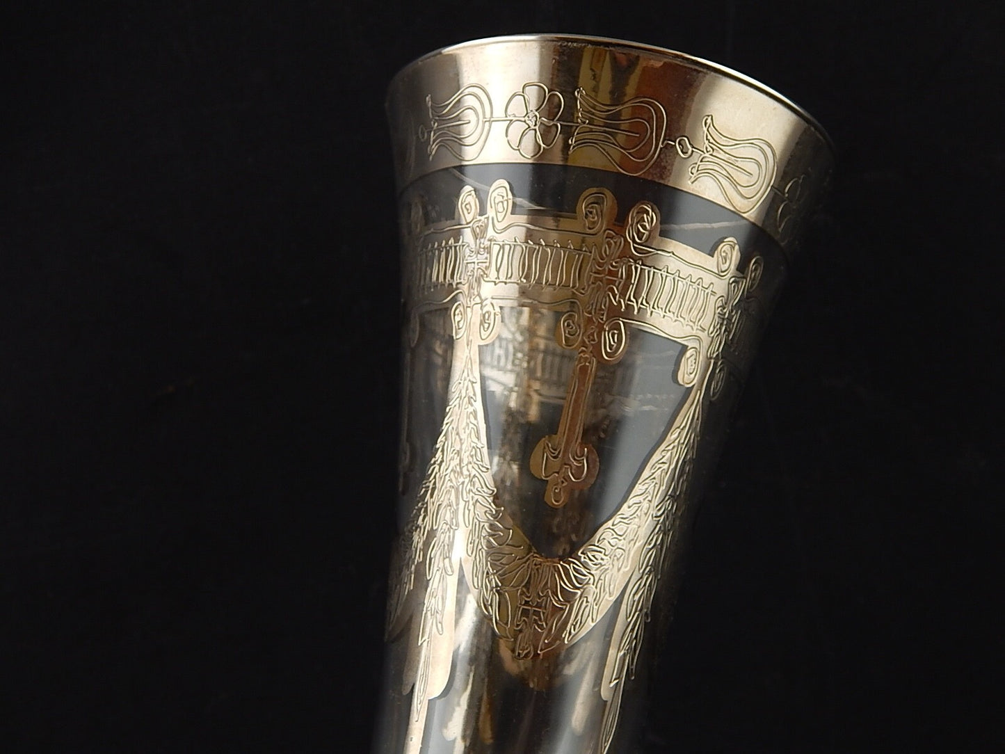 PREZIOSO VETRO D'ARTE MURANO VASO A FLUTE CON DECORO IN ARGENTO