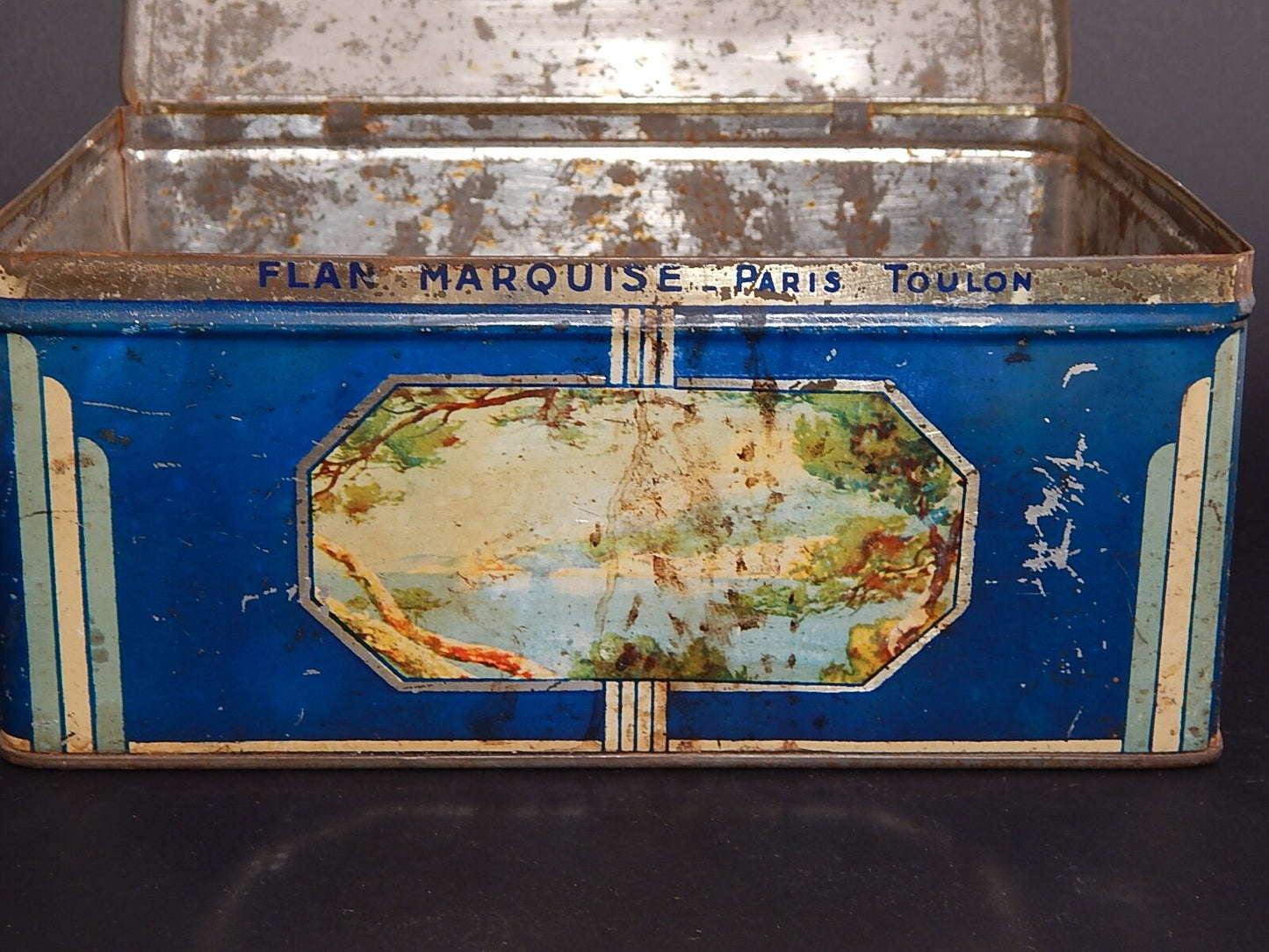 ANTICA RARA SCATOLA LATTA PUBBLICITARIA FLAN MARQUISE TOULON PARIS ANNI 30