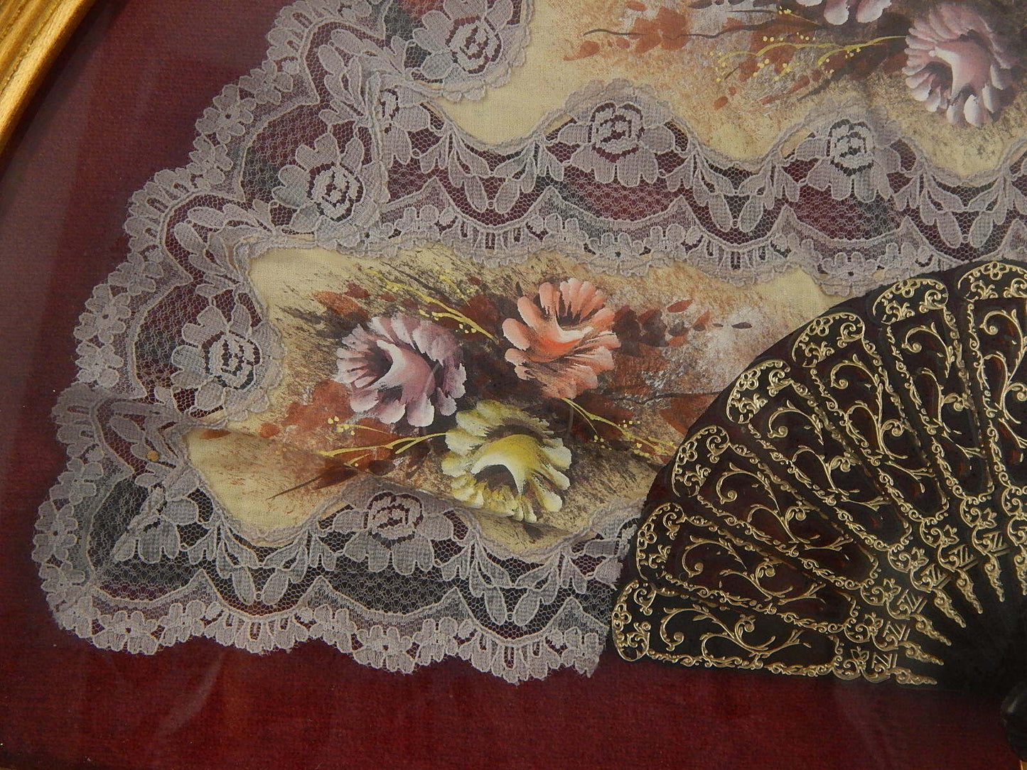 PREZIOSO ELEGANTE VENTAGLIO PIZZO E FIORI DIPINTI CON VENTAGLIERA COLLEZIONE