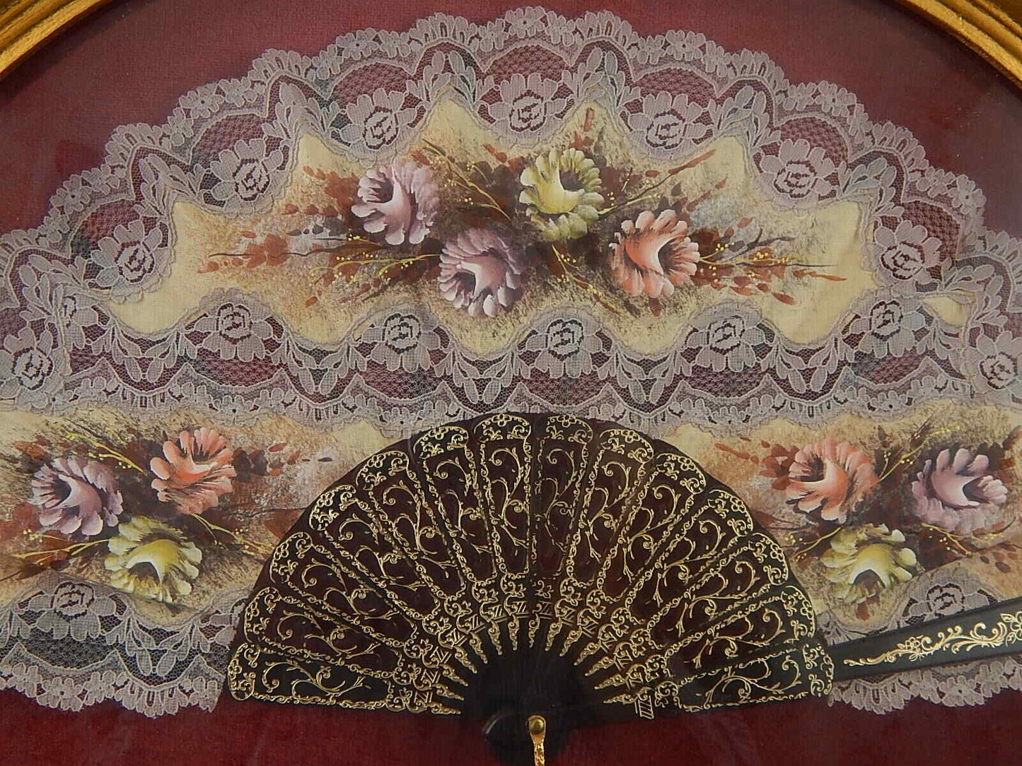 PREZIOSO ELEGANTE VENTAGLIO PIZZO E FIORI DIPINTI CON VENTAGLIERA COLLEZIONE