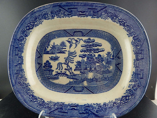 ANTICO RARO VASSOIO CERAMICA TRANSFERWARE WILLOW BIANCO BLU ENGLAND 1900
