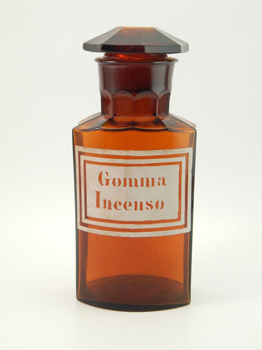 ANTICA BOTTIGLIA VETRO SOFFIATO FARMACIA COLOR AMBRA ETICHETTA GOMMA INCENSO