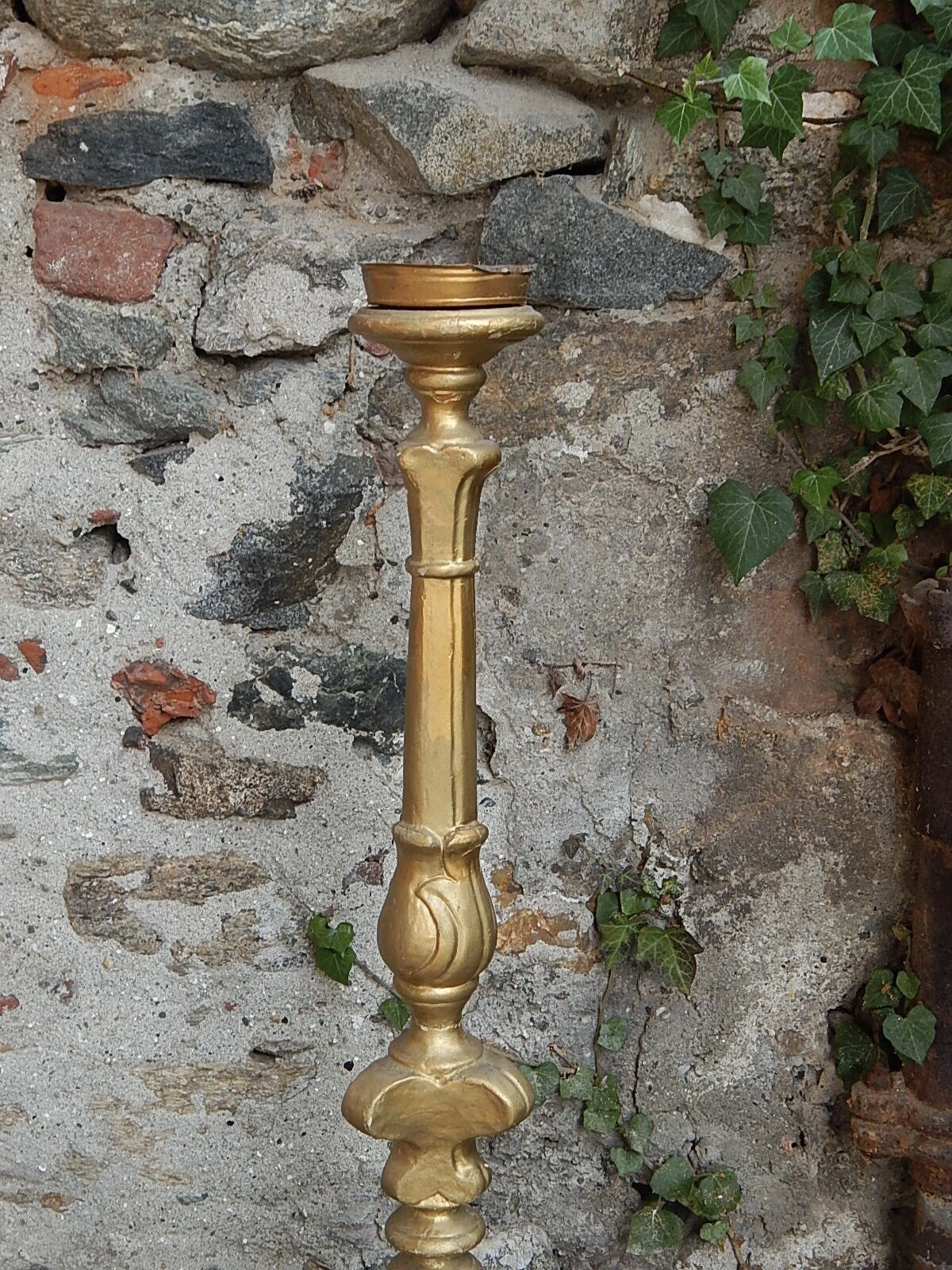 ANTICO ARTE SACRA CANDELABRO CANDELIERE TORCIERA LEGNO SCOLPITO DORATO XIX SEC.