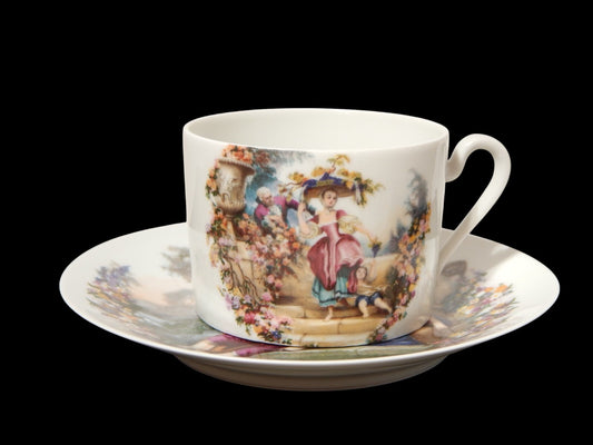 ANTICA PRIMA META' 900 LIMOGES TAZZA TE' PORCELLANA BIANCA SCENA GALANTE #1835