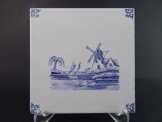 VINTAGE AUTENTICA PIASTRELLA MATTONELLA PORCELLANA DI DELFT BIANCO BLU PAESAGGIO