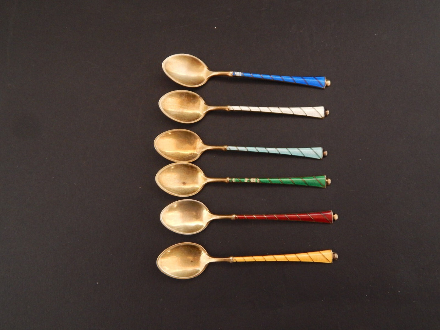 6 PREZIOSI ORIGINALI CUCCHIAINI ARGENTO STERLING 925 DORATI SMALTATI DENMARK